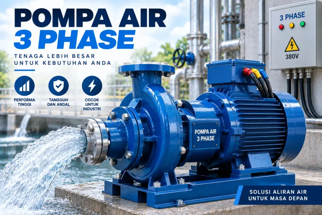 Pompa air tiga fasa terpasang bersama panel kendali dan motor penggeraknya