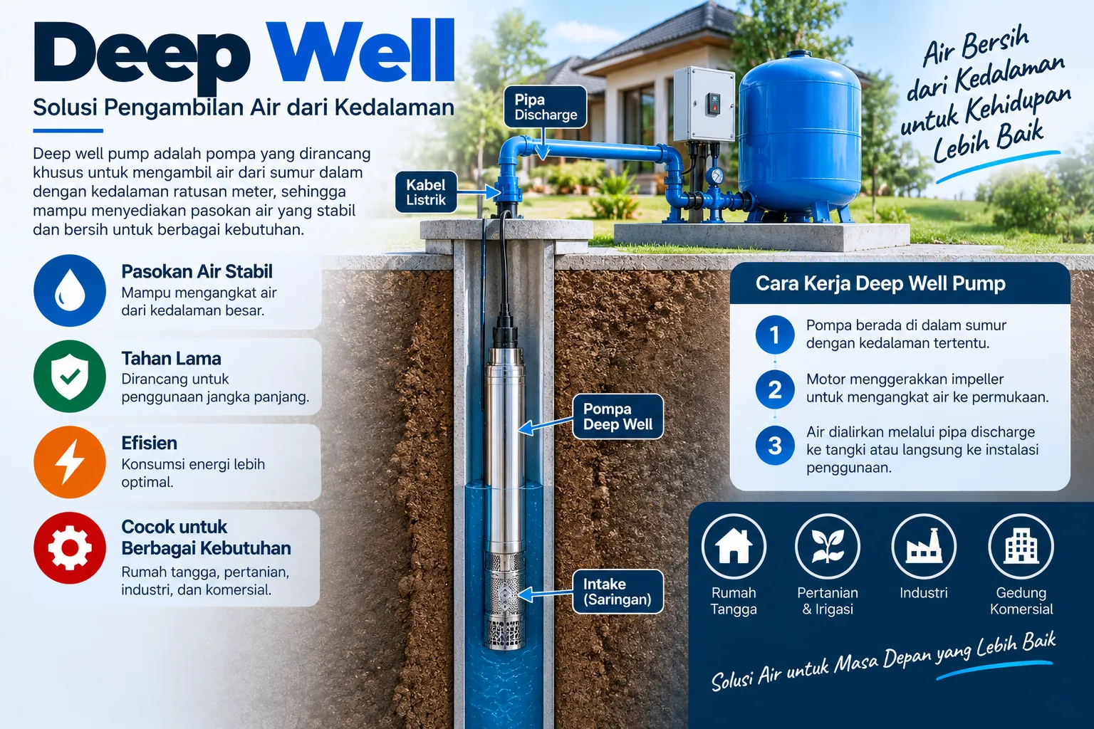 Instalasi deep well atau sumur bor dalam dengan pompa submersible