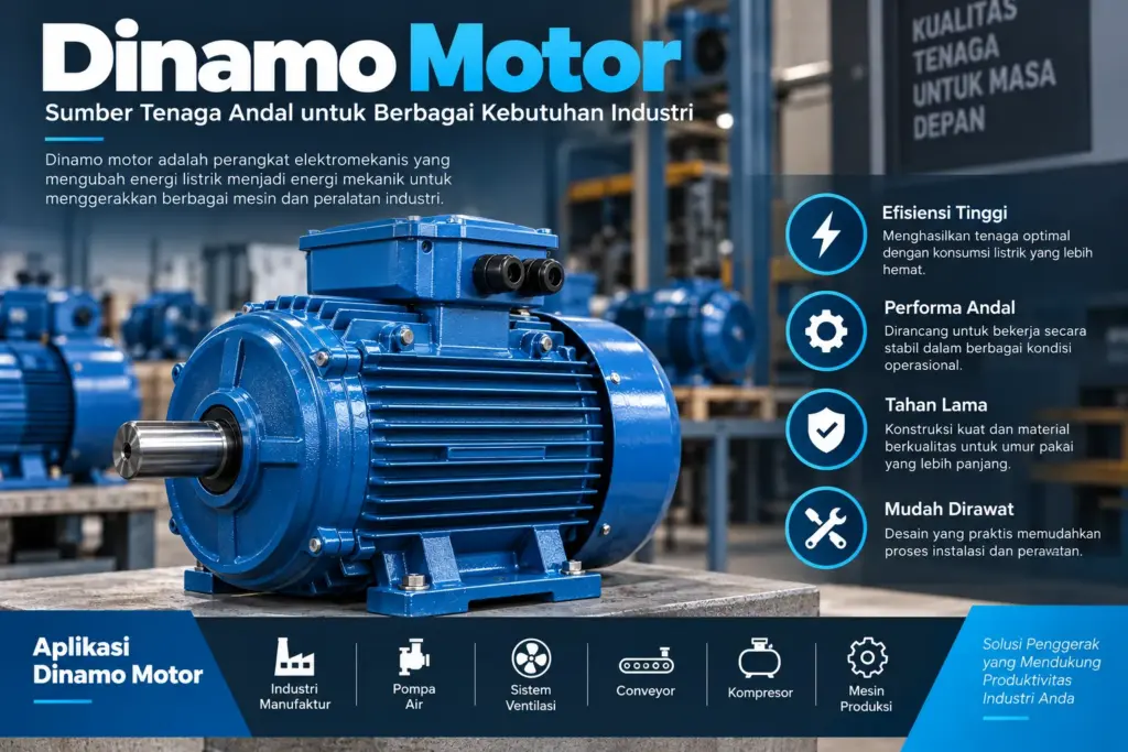 Dinamo motor listrik industri berwarna biru dengan terminal box untuk penggerak pompa air