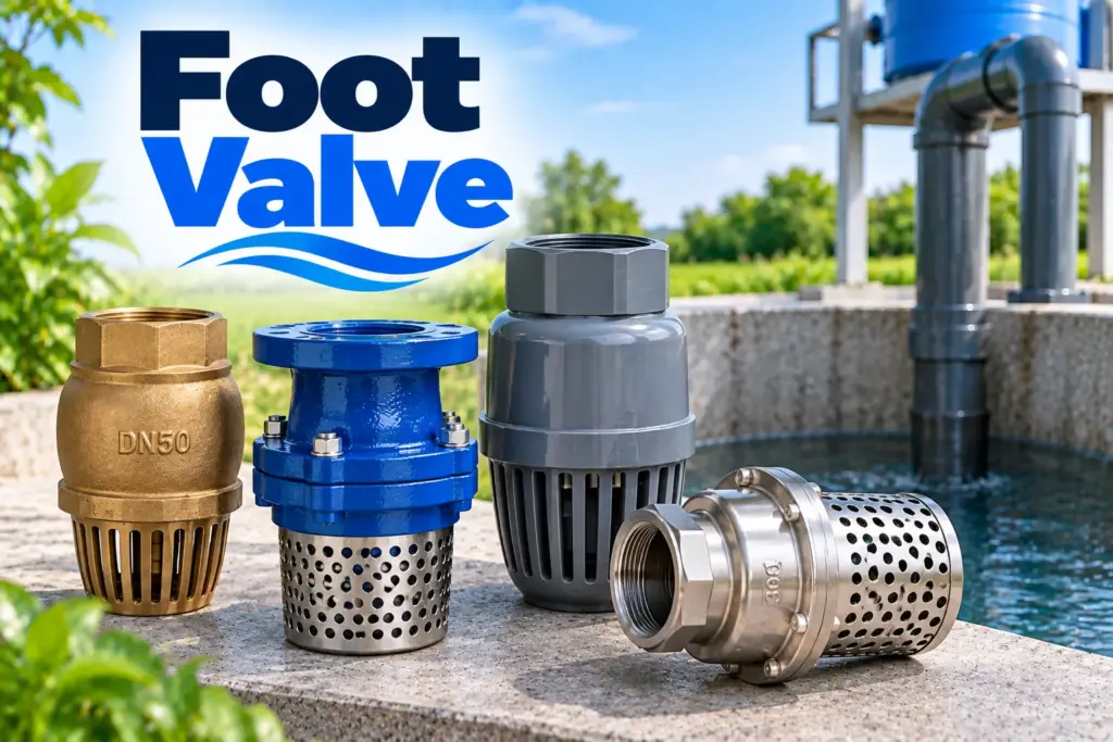 Foot valve dengan saringan di ujungnya untuk dipasang pada pipa isap pompa