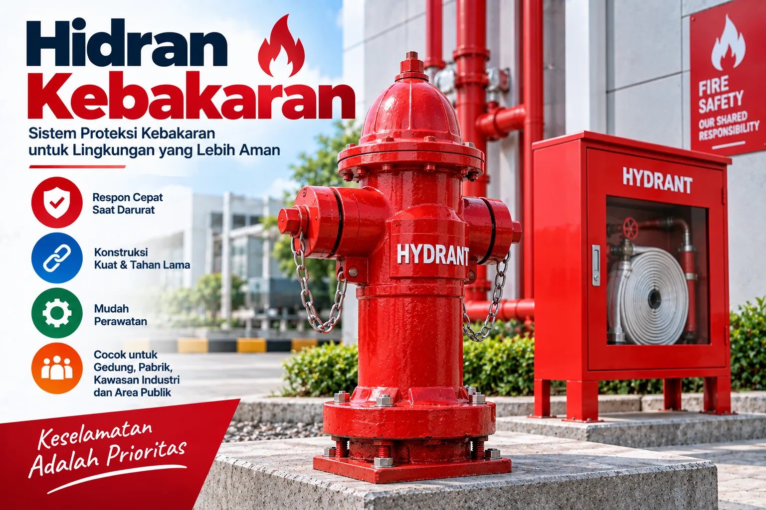 Hidran kebakaran tipe hydrant pillar di halaman gedung