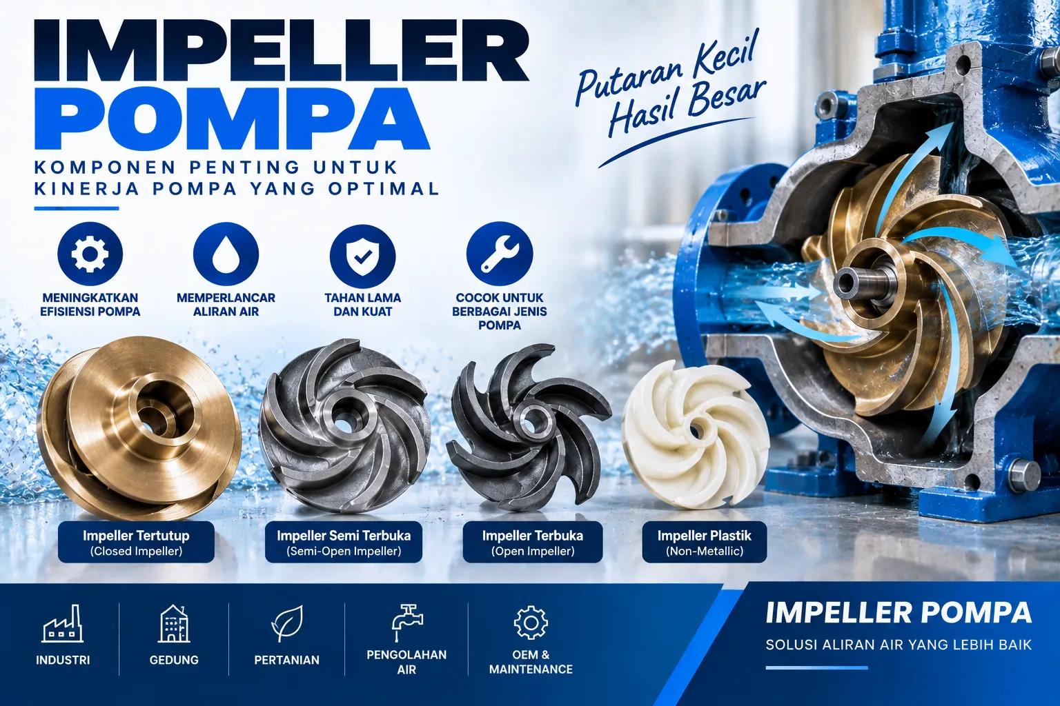 Impeller pompa dengan sudu melengkung dan lubang poros di bagian tengah