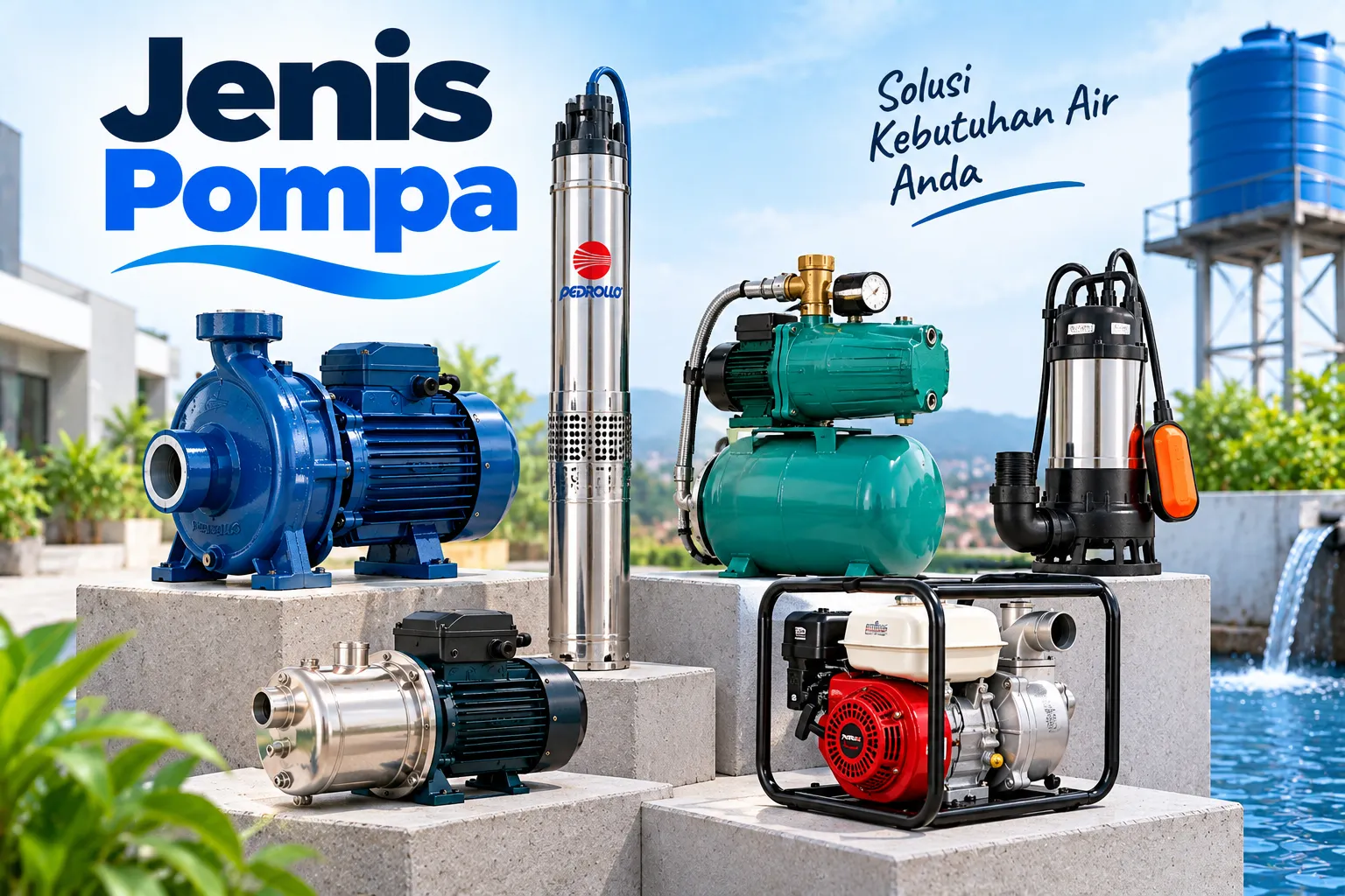 Berbagai jenis pompa industri dan pompa air yang dikelompokkan menurut prinsip kerjanya