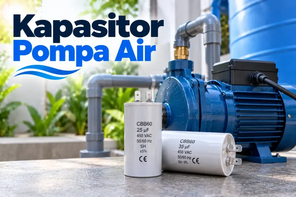 Kapasitor pompa air silinder dengan tulisan nilai mikrofarad dan tegangan kerja 450 VAC pada badannya