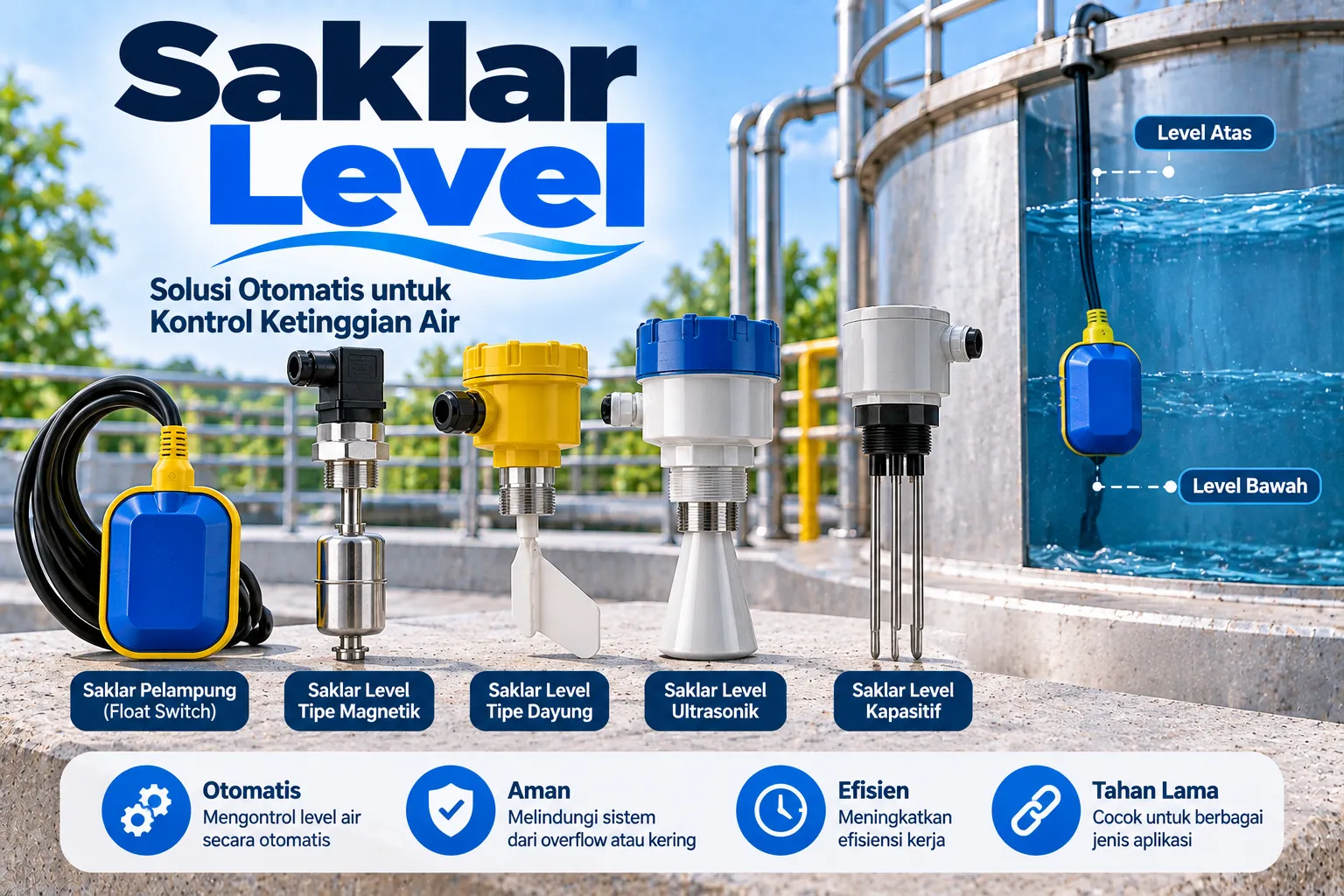 Level switch pelampung terpasang pada tangki air untuk mengendalikan pompa secara otomatis