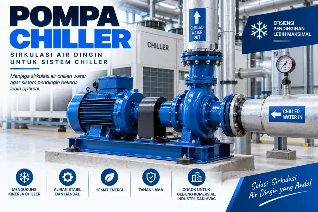 Pompa sirkulasi air dingin terpasang pada pemipaan berisolasi di ruang mesin chiller