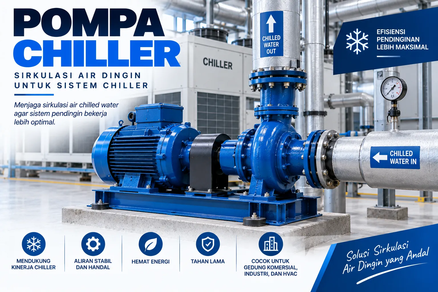 Pompa sirkulasi air dingin terpasang pada pemipaan berisolasi di ruang mesin chiller