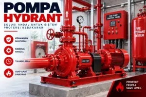 Set pompa hydrant dengan pompa utama, jockey pump, dan panel kendali di ruang pompa