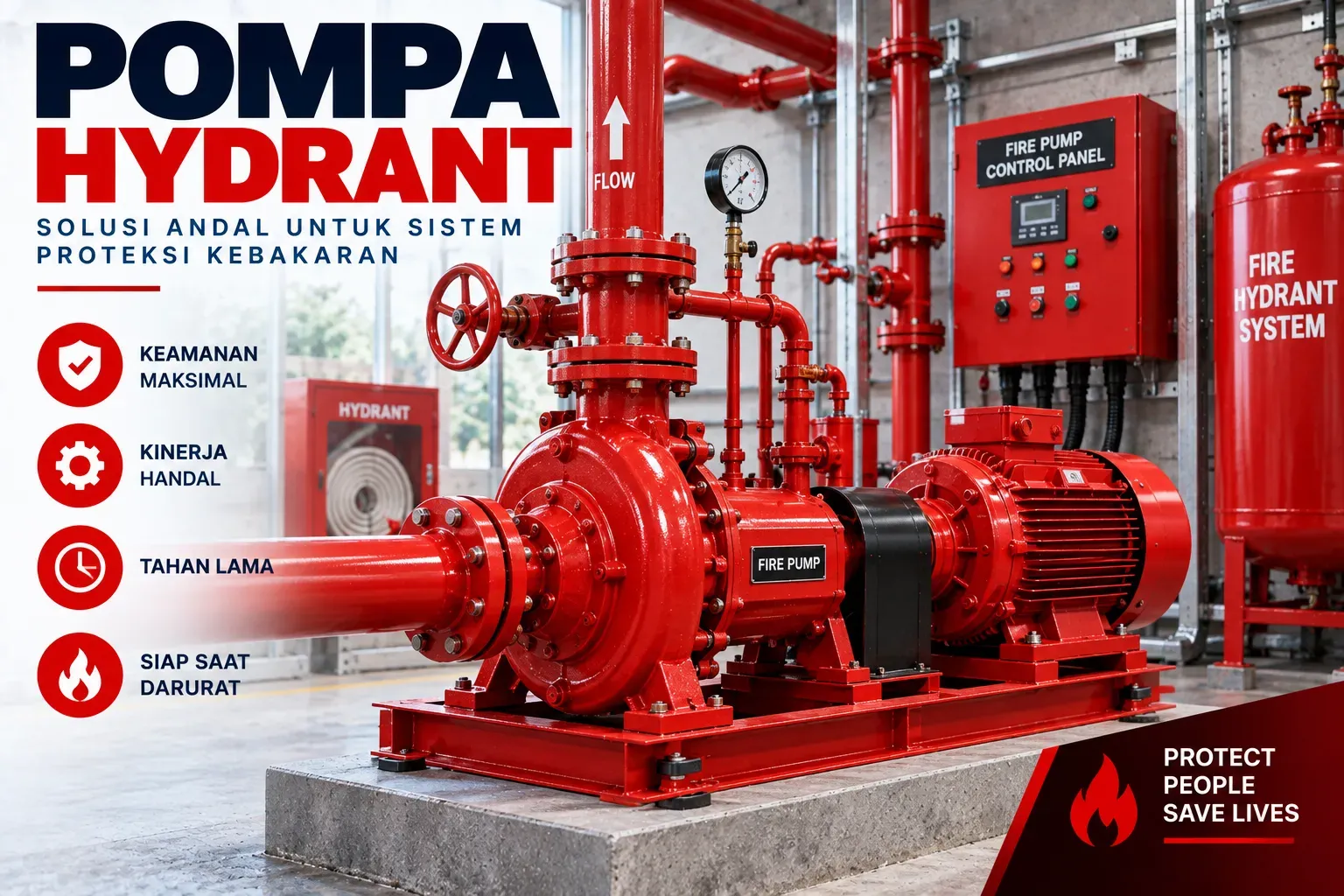 Set pompa hydrant dengan pompa utama, jockey pump, dan panel kendali di ruang pompa