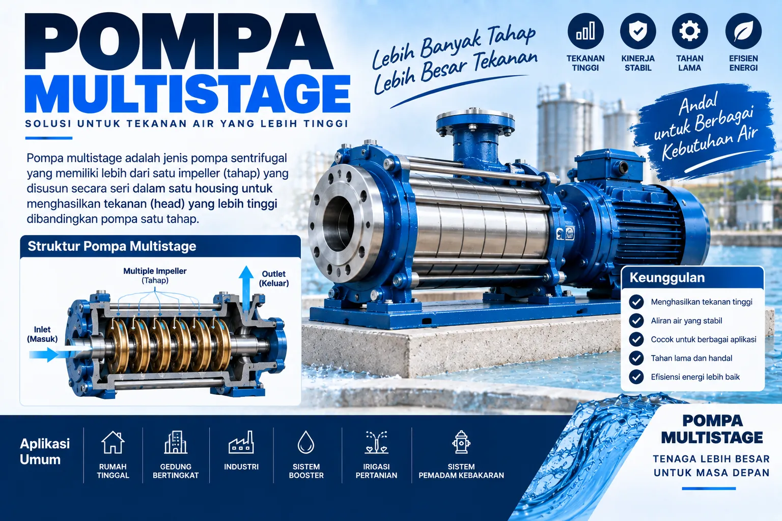 Pompa multistage vertikal dengan rumah pompa bertingkat dan sambungan pipa sejajar