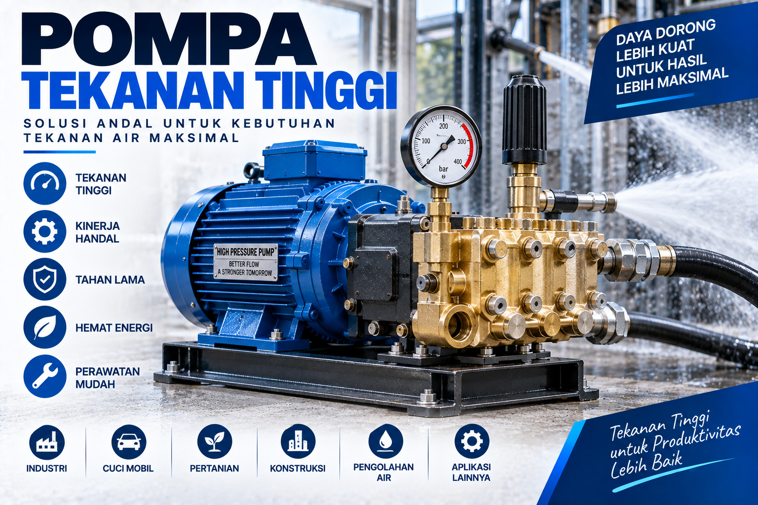 Pompa air bertekanan tinggi dengan sambungan selang dan pengukur tekanan pada jalur keluar