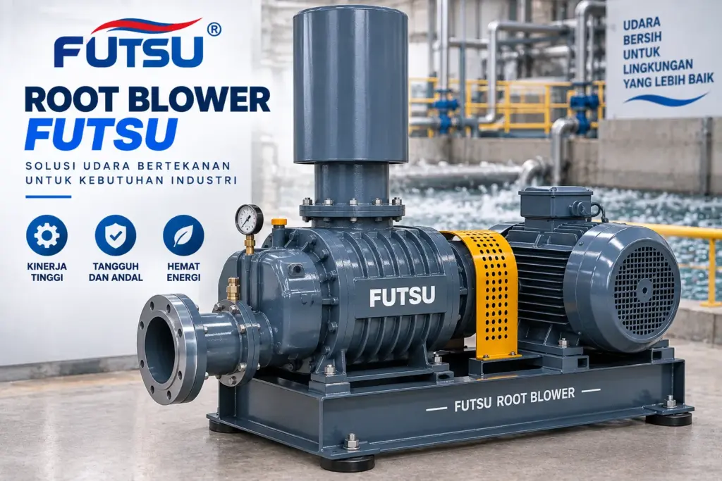 Root blower Futsu dengan motor dan sabuk penggerak pada dudukan besi