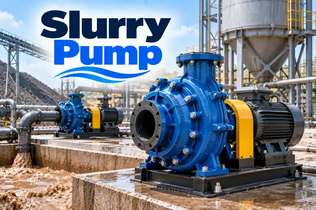 Dua unit slurry pump berwarna biru terpasang pada dudukan beton di area pengolahan material