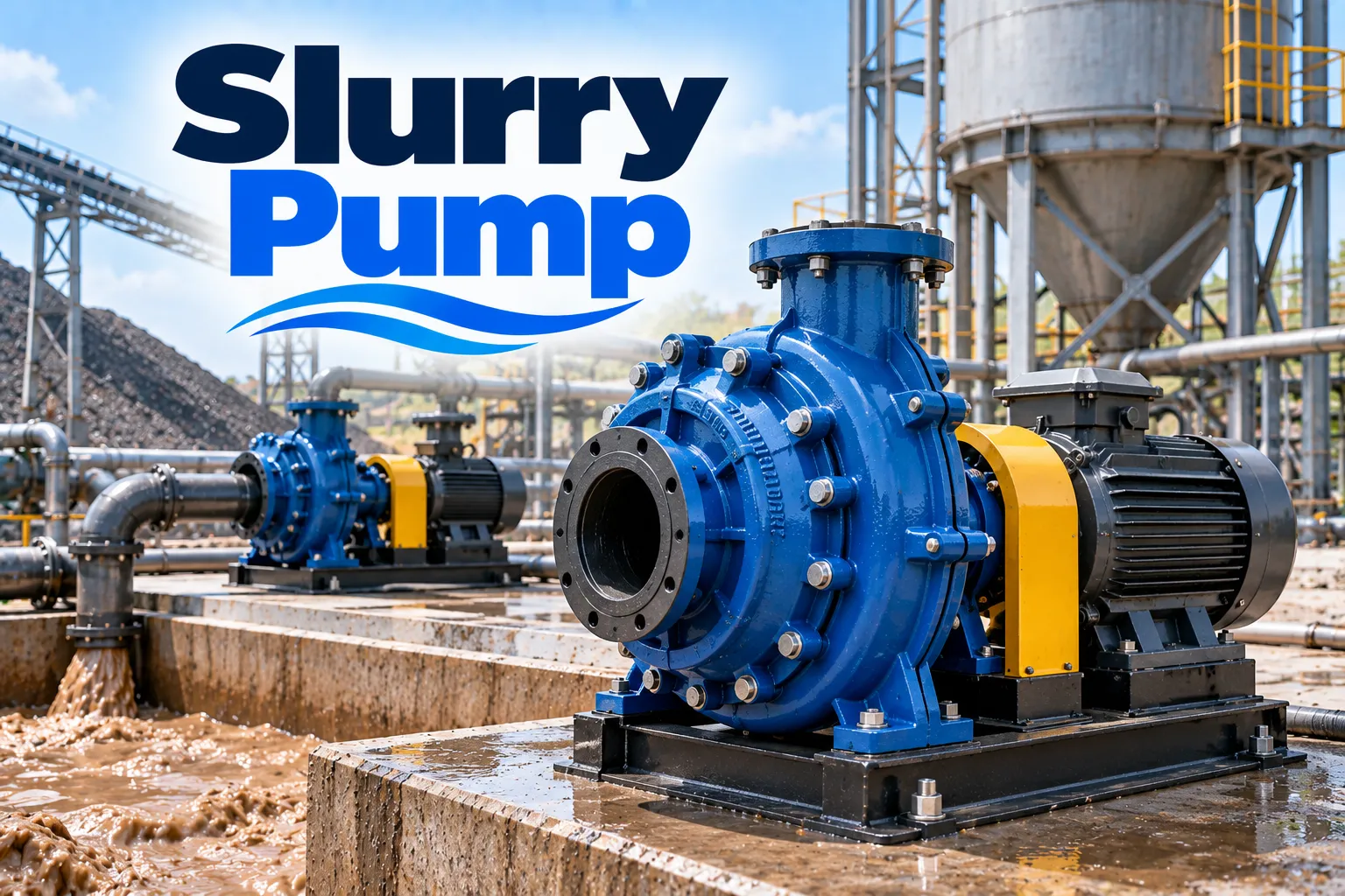 Dua unit slurry pump berwarna biru terpasang pada dudukan beton di area pengolahan material
