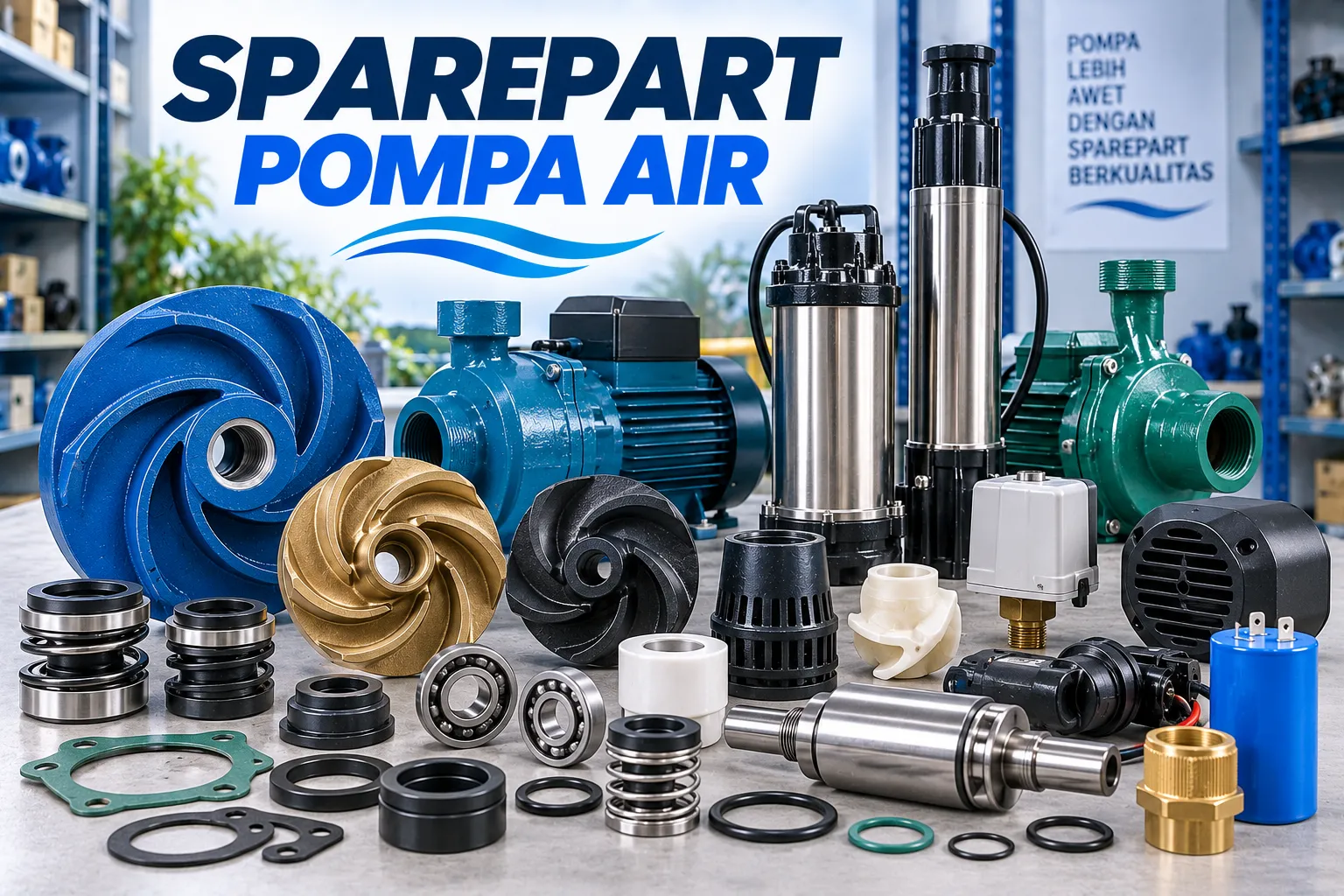 Berbagai sparepart pompa air seperti impeler, mechanical seal, dan kapasitor