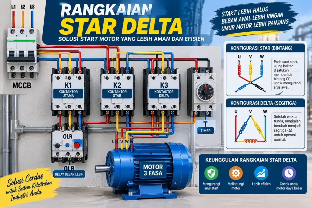 Panel star delta berisi tiga kontaktor, thermal overload relay, dan timer untuk motor tiga fasa