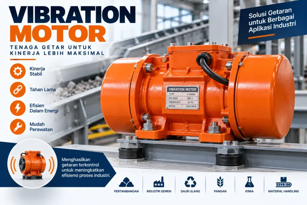 Motor vibrator industri dengan rumah logam dan tutup pelindung bobot eksentrik di kedua ujung